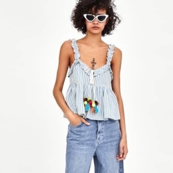 NWT Zara TRF Stripe Top Pom Poms Sz S - Picture 2 of 9